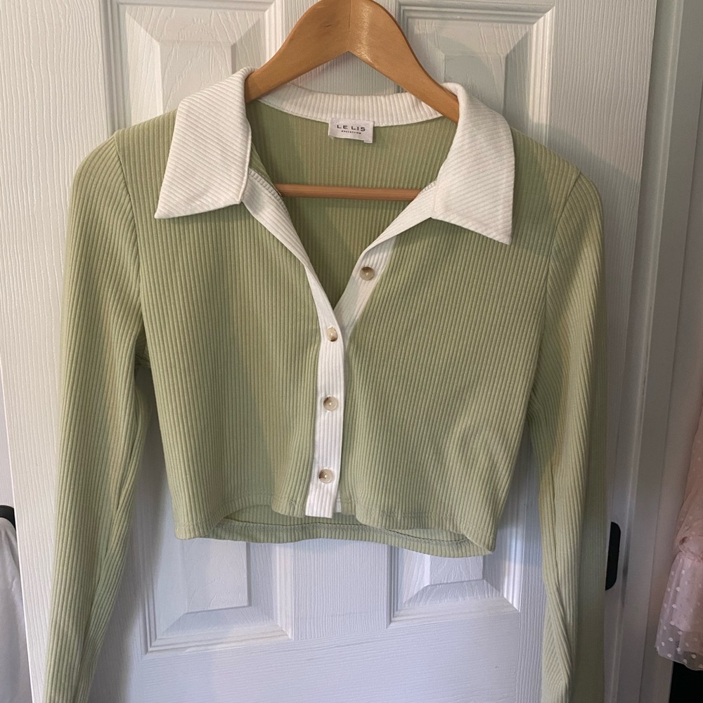 Pistachio Green Ribbed Button-Up Crop Top